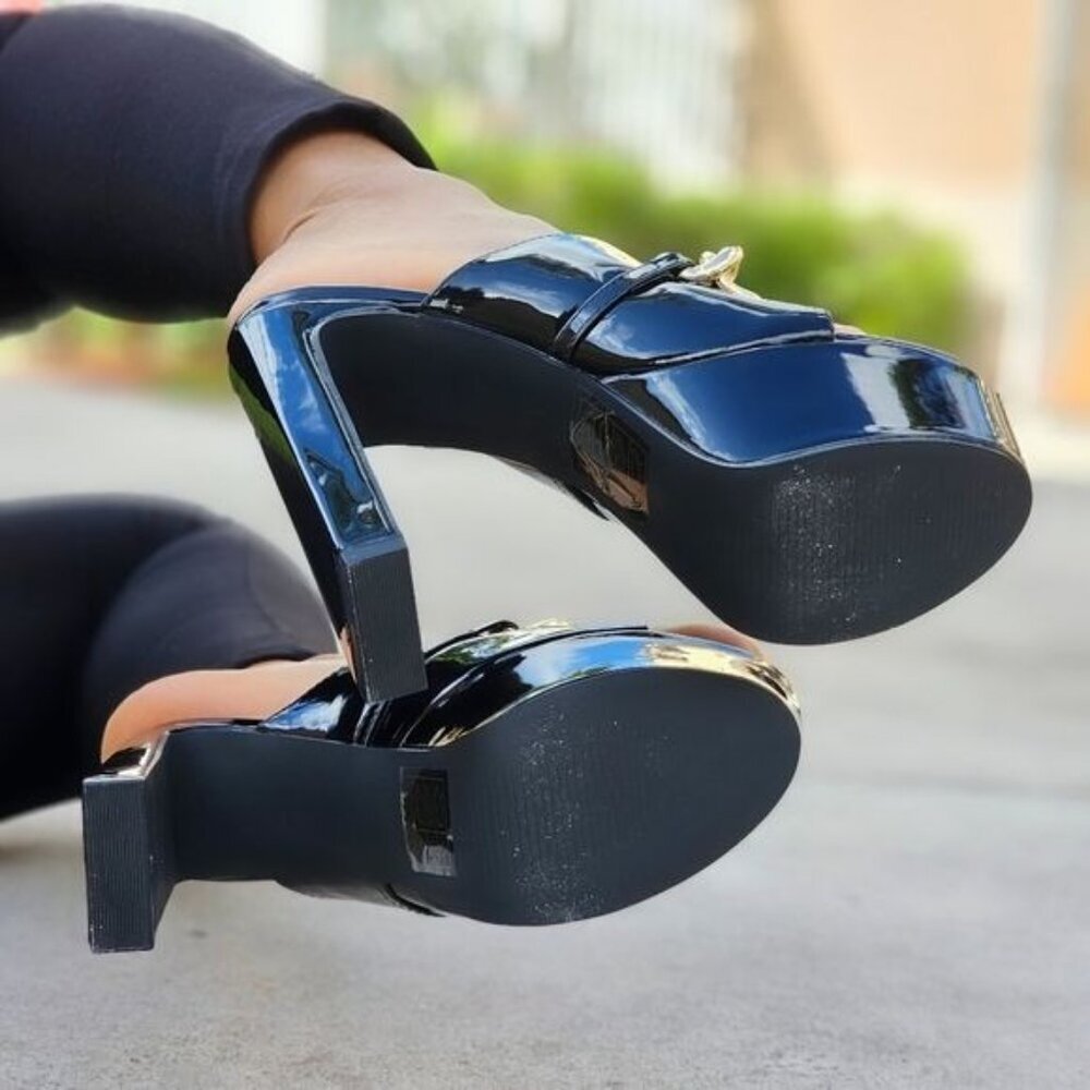 Black Patent Platform Heeled Mule Open Loafers for Women Gold Chain Slip On - Picture 3 of 5